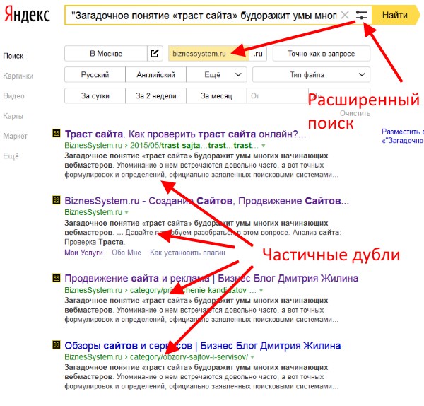 Поиск дублей страниц через Яндекс